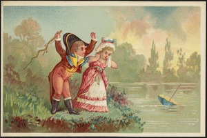 Boy and girl in historical costume at the water's edge, looking at the umbrella that has floated away.