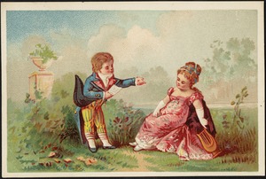 Boy and girl in historical costume, girl sitting with a lyre while boy holds out a hand.