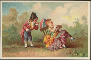 Boy and girl in historical costume, girl sitting on a bench with a parasol.