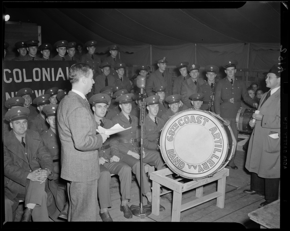 68th Coast Artillery Band during broadcast of Soldier's Quiz, with WAAB's Jack Stanley, at Camp Edwards