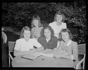 Alison Gilman, Lansdale Daley, Nancy Snow, Helen Harding, and Violet Sweetser, ushers committee meeting for benefit concert by Lily Pons at Symphony Hall