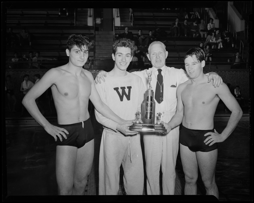 John Masso, Joe Prata, Harold Ulen, and Leo Gannan, New England Boys' Club swimming championship, Harvard Indoor Athletic Building