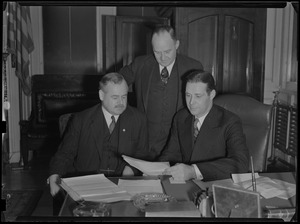 Ralph Lowell, Mayor Maurice Tobin, and an unidentified man in the mayor's office