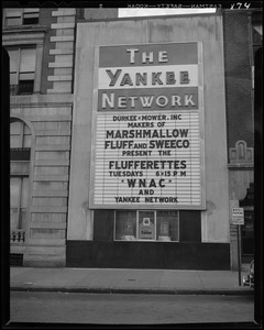 Yankee Network letter board sign advertising the Flufferettes on WNAC sponsored by Marshmallow Fluff and Sweeco