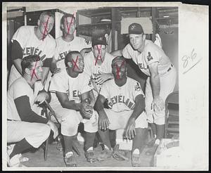 Indian Sluggers. Eleven home runs by these seven Cleveland Indians in a three-day series with the Boston Red Sox accounted for the majority of the 23 runs scored by the sluggers. Two games were tied 7-7, 5-5 before the Indians took today's double header at Fenway Park, July 22nd, 6-3 and 5-2. Seated (l to r) are: Wally Westlake, Larry Doby and Al Smith. Standing: Al Rosen , bobby Avila, Vic Wertz and Jim Hegan. Doby, Rosen, Avila and Wertz hit two homers each.
