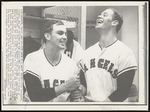 They Made It a Happy Ending--Rick Richardt, (right), who was obtained by the Angels two years ago for a bonus of about $200,000, and Paul Schaal, Angels’ third baseman, combined their skills with the bat last night to break a 6-6 tie in the 10th inning and beat the Washington Senators 7 to 6 at Anaheim, Calif. Reichardt drove in three runs, including a 2-run homer in the 5th, while Schaal drove in the winning run in the 10th with a two-out single. Reichardt, on base with a single, scored the run.