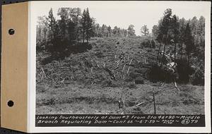 Contract No. 66, Regulating Dams, Middle Branch (New Salem), and East Branch of the Swift River, Hardwick and Petersham (formerly Dana), looking southeasterly at dam 3 from Sta. 46+90, middle branch regulating dam, Hardwick, Mass., Jun. 7, 1939