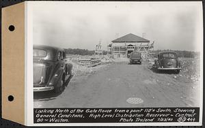 Contract No. 80, High Level Distribution Reservoir, Weston, looking north at the gatehouse from a point a 110 feet+/- south, showing general conditions, high level distribution reservoir, Weston, Mass., Jul. 23, 1940