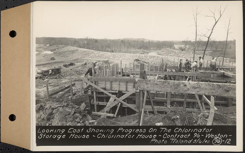 Contract No. 96, Chlorine Storage House and Equipment and Chlorinating Equipment for Gate House at Norumbega Reservoir, Weston, looking east showing progress on the chlorinator storage house, chlorinator house, Weston, Mass., May 6, 1940