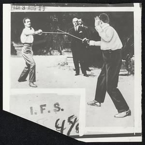 Duels continue to occur occasionally in Italy. Usually they are surrounded by secrecy and this photo is one of the only ones ever made of an affair of honor. At left, Giacomo Lombroso is wounded in an encounter with Francisco Guinta.