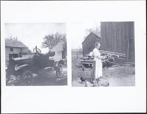 Harvey Waite at the wheel of an automobile and Mary Kingsley feeding chickens