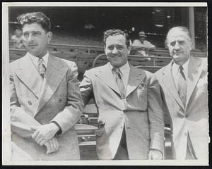 Three Boys in Blue, National League umpires al Barlick, Jocko Conlan and babe Pinelli, display what the well dressed man wears before donning their working "blues" at Cincinnati yesterday where the Boston Braves won two games.