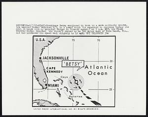 Miami: Hurricane Betsy continued to turn to a move northerly course, the weather bureau reported 9/3, in a trend which “is expected to continue during the next 24 hours with no material change in forward speed.” At 5 p.m. EST, the Miami weather bureau reported the storm’s center to be 350 miles east of Palm Beach, Fla., and had increased its speed very slightly to 12 mph.