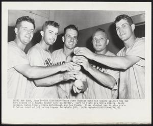 New York – Cub Clouters – These five Chicago Cubs hit homers against the New York Giants in a double header here yesterday. Left to right are Eddie Miksis, Randy Jackson, Ralph Kiner, Clyde McCullough and Dee Fondy. Kiner clouted two to give him a lifetime total of 303 to top Rogers Hornsby’s 302.