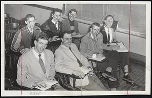 Remember Holy Cross' Great Basketball Team Of Last Winter? - Well, here are the standouts, whose chief worries these days are the coming final exams. Back (left to right) - Jim Dilling, Bob Cousy and Andy Laska Front - Frank Oftring, Bob McMullan, Bob McLarnon and Matt Forman