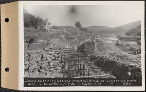 Contract No. 51, East Branch Baffle, Site of Quabbin Reservoir, Greenwich, Hardwick, looking north from west end of highway bridge at culvert and baffle site, Hardwick, Mass., Aug. 7, 1936