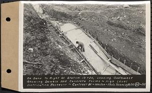 Contract No. 80, High Level Distribution Reservoir, Weston, on bank to right of Sta. 19+20, looking southwest showing dowels and concrete forms, high level distribution reservoir, Weston, Mass., Oct. 2, 1939