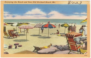 Enjoying the beach and sun, Old Orchard Beach, Me.