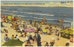 Bathing beach, showing Prouts Neck, Old Orchard Beach, Me.