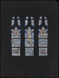 Set of three windows, crowned man in center with angel wings, two red-winged angels to either side of him on side windows