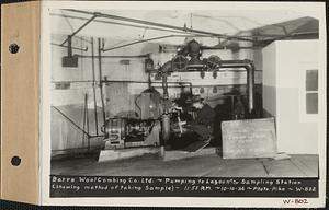 Pumping to lagoon and sampling station (showing method of taking sample), Barre Wool Combing Co., Barre, Mass., 11:55 AM, Oct. 10, 1934