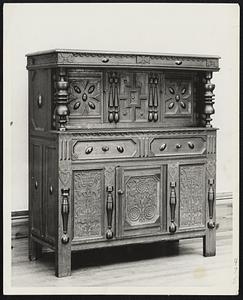 Pres Cupboard - This Connecticut press cupboard made in the third quarter of the 17th century shows the influence of English style. Displayed at the Yale Art Gallery, the cupboard is carved with the Minneapolis, Minn., son of Mr. and Mrs. Matt Vertin of Ely, Minn. Miss Callahan was graduated in 1957 from the Katharine Gibbs School. Mr. Vertin was graduated the same year from M.I.T. and is a member of Alpha Tau Omega fraternity. He is nog doing graduate work in Economics at the University of Minnesota.