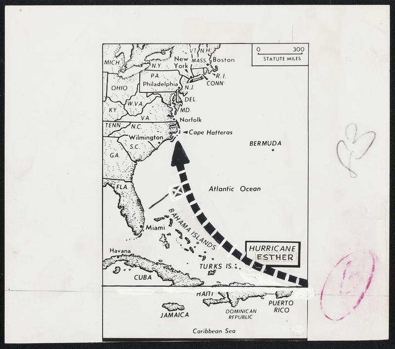 Esther's Progress toward United States mainland is depicted in this chart of its course up the coast. Cross denotes position of storm last night.