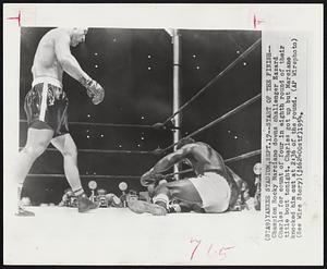 Start of the finish--Champion Rocky Marciano downs challenger Ezzard Charles for count of four in eight round of their title bout tonight. Charles got up but Marciano knocked him out at 2:36 of the round.