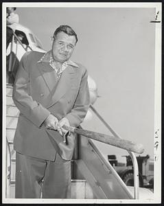 The Babe Comes Back to Boston where his active playing baseball career began and ended. Babe Ruth, looking better than he has in months, is shown arriving at Boston Airport this morning for the American Legion Junior Legion baseball scholarship awards. He attended the Red Sox-Cleveland Indians game today at Fenway Park.