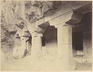 General view from the right of porch and entrance to the two storeyed Buddhist Vihara, Cave V, Ajanta