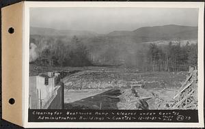 Contract No. 56, Administration Buildings, Main Dam, Belchertown, clearing for boathouse ramp, cleared under Contract No. 52, Belchertown, Mass., Dec. 10, 1937