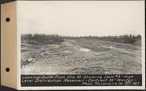 Contract No. 80, High Level Distribution Reservoir, Weston, looking south from Sta. 52 showing dam 3, high level distribution reservoir, Weston, Mass., May 6, 1940