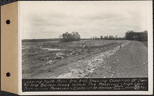 Contract No. 80, High Level Distribution Reservoir, Weston, looking north from Sta. 8+00 showing condition of dam 1 and borrow areas within the reservoir, high level distribution reservoir, Weston, Mass., May 29, 1940