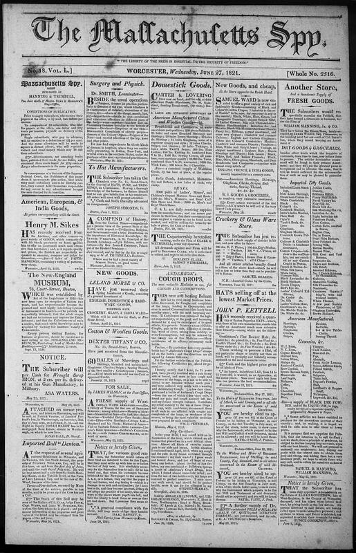 The Massachusetts Spy. June 27, 1821 - Digital Commonwealth