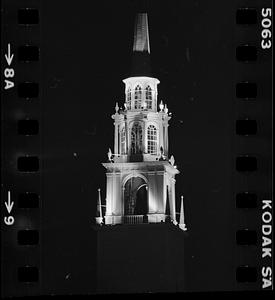 Church spire at night