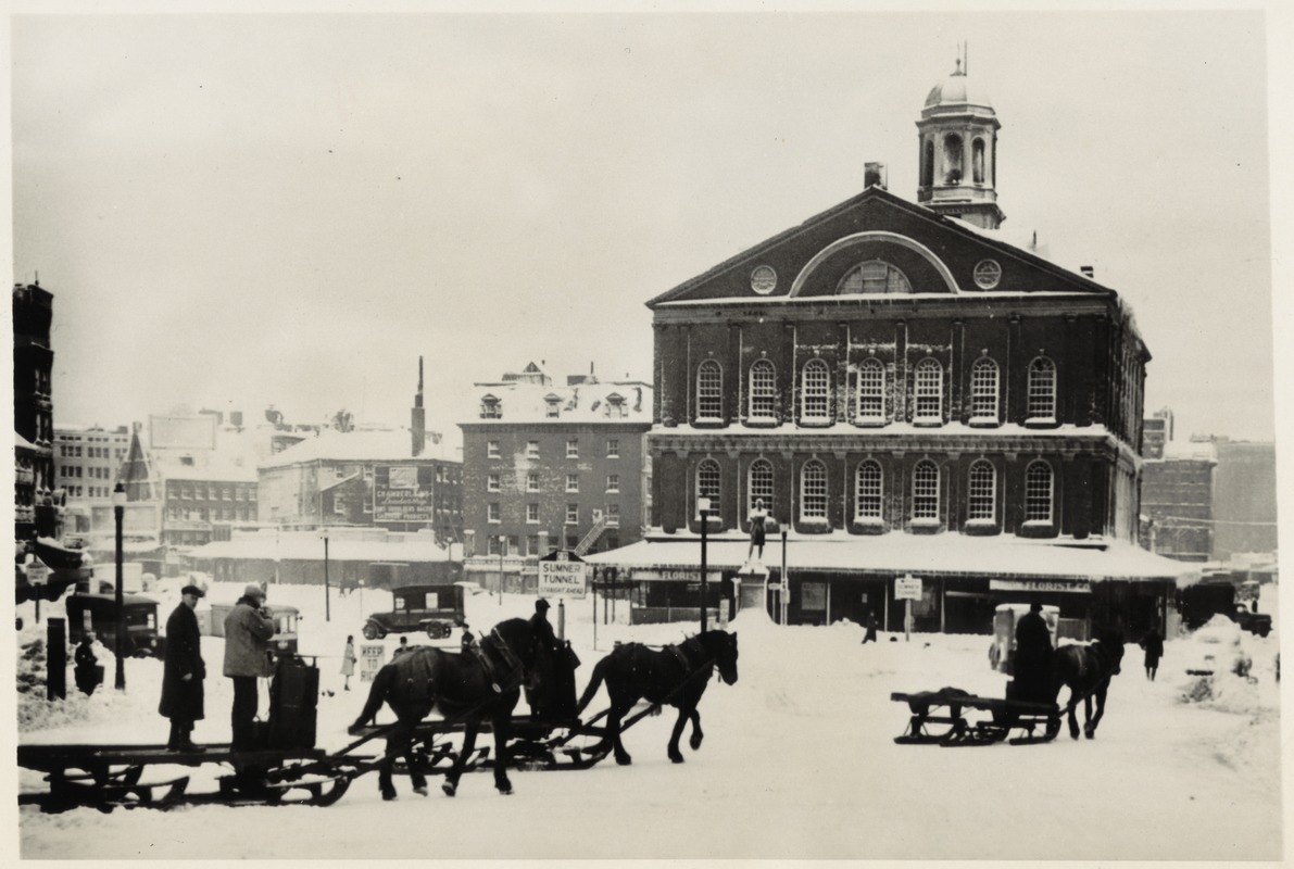 Horse pulled sleds in front of Faneuil Hall after 13" snowfall