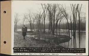 Ware River, area below degreasing plant, Barre Wool Combing Co., drainage area = 103 square miles, flow = 1060 cubic feet per second in river, 230 cubic feet per second through wheels, total = 1290 cubic feet per second = 12.5 cubic feet per second per square mile, Barre, Mass., 3:25 PM, Apr. 17, 1933