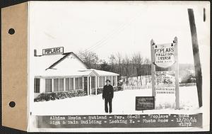 Albina Morin, "Poplars" road sign and main building, looking east, Rutland, Mass., Dec. 20, 1944