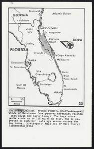 Dora Pounds Florida Coast--Advance winds of Hurricane Dora pounded northeast Florida last night and early today. The huge storm packs winds up to 125 miles an hour. She is expected to push her calm eye ashore during the day today.