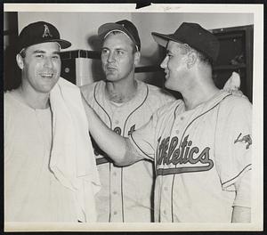 Ing players, for a change, have a chance to pose for a winners’ photo. Left to right, they are Vic Raschi, starting and winning pitcher; Gus Zernial, who drove in three runs with two homers, and Tom Gorman, relief pitcher.