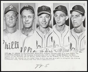 Hurlers in Phillies-Cards Trade -- Five pitchers involved today in a trade between the Philadelphia Phillies and the St. Louis Cardinals are, left to right: Herman Wehmeier and Murry Dickson, of the Phillies, and Stu Miller, Harvey Haddix and Ben Flowers, of the Cards. The Phillies swapped their two hurlers for the Cards' three in what was seen as a move to strengthen the slumping Philadelphia club.