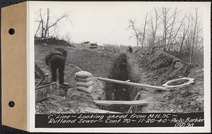 Contract No. 70, WPA Sewer Construction, Rutland, "C" line, looking ahead from manhole 9C, Rutland Sewer, Rutland, Mass., Nov. 20, 1940