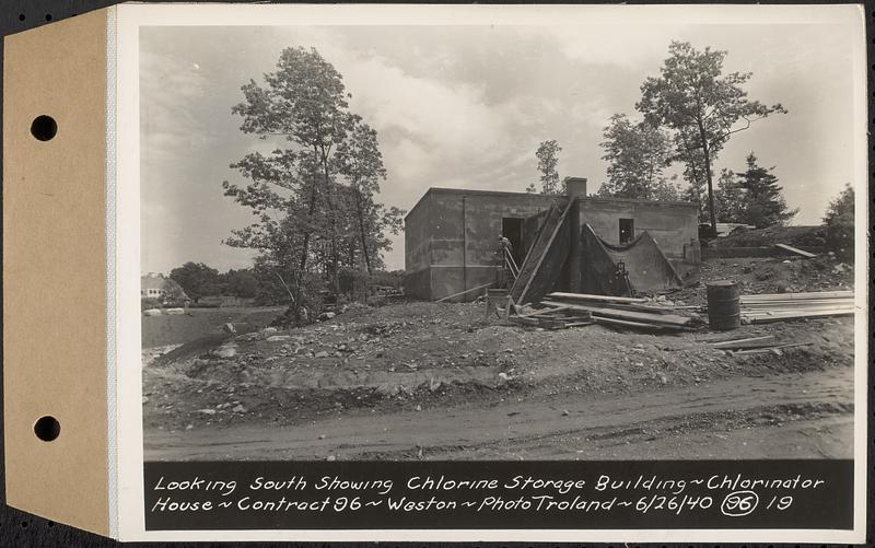 Contract No. 96, Chlorine Storage House and Equipment and Chlorinating Equipment for Gate House at Norumbega Reservoir, Weston, looking south showing chlorine storage building, chlorinator house, Weston, Mass., Jun. 26, 1940