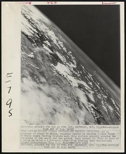 Rocket Camera Photographs Earth's Curvature--at an altitude of about 57 miles, sequence camera in Aerobee rocket fired at White Sands Proving Grounds made this picture plainly showing the curvature of the earth and the ground haze around it. This is part of a strip in which a 1,400-mile area--from Wyoming into Mexico--was filmed.