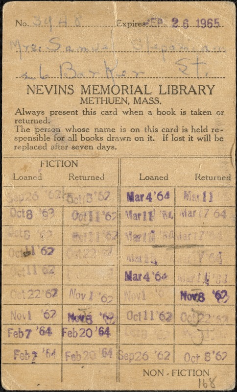 Nevins Memorial Library patron library card