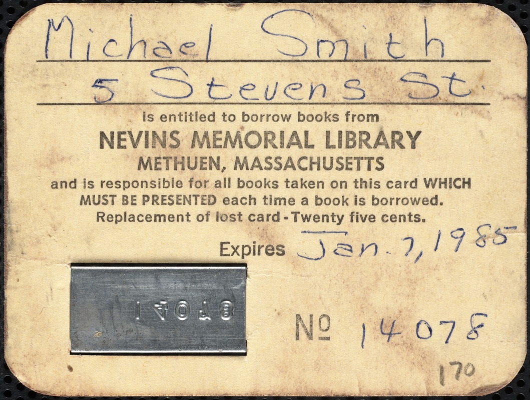 Two patron borrowing cards to Nevins Memorial Library