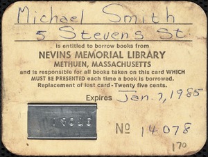 Two patron borrowing cards to Nevins Memorial Library