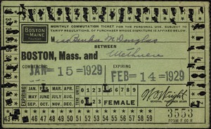 Boston and Main Railroad monthly commutation ticket between Boston, Mass. and Methuen commencing Jan. 15, 1929, expiring Feb. 14, 1929