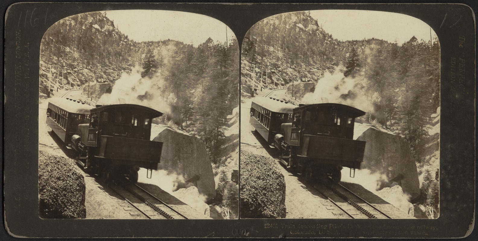 Train descending Pike's Peak, on the famous cog railway, Colorado, U.S.A.