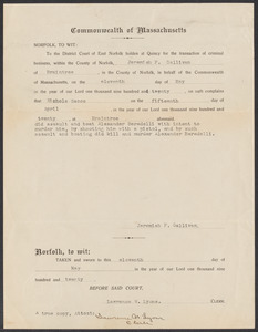 Sacco-Vanzetti Case Records, 1920-1928. Defense Papers. Complaint of Jeremiah F. Gallivan against Sacco, May 11, 1920. Box 4, Folder 13, Harvard Law School Library, Historical & Special Collections